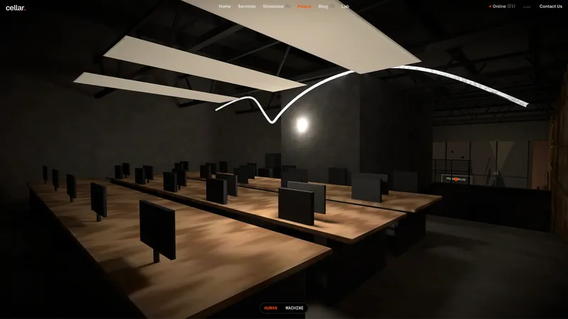 People: the long room of desks under a ribbon light