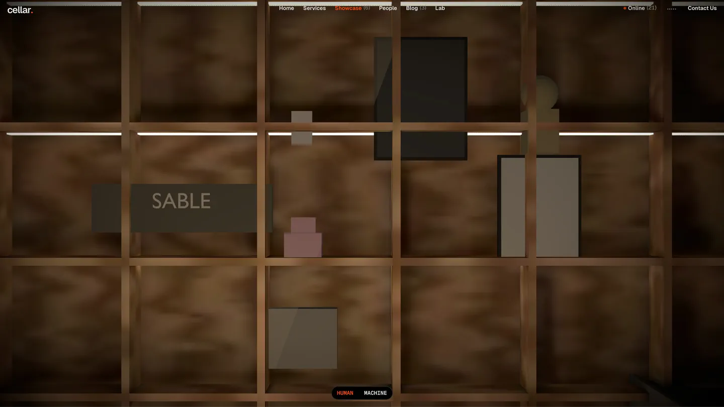 Showcase: the shelves of objects, one per project