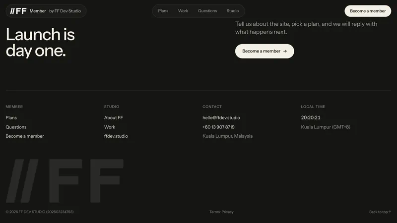 Launch is day one — the footer under the //FF mark