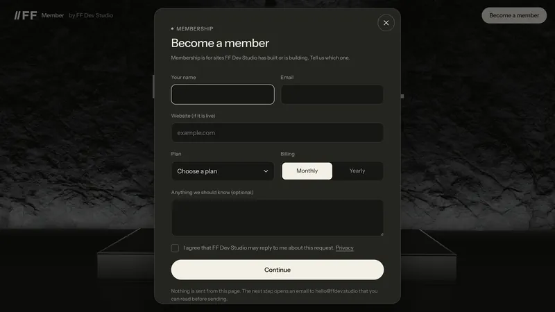 The Become a member dialog: name, email, website and plan
