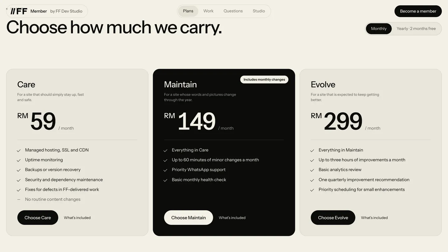 Choose how much we carry: Care RM59, Maintain RM149 and Evolve RM299 a month