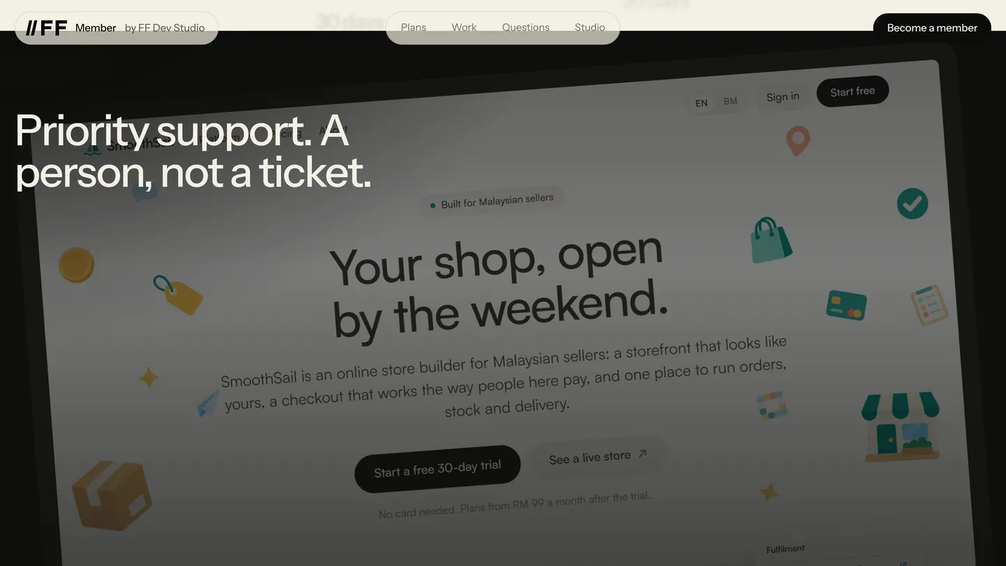 Priority support. A person, not a ticket. — over a tilted screen of SmoothSail