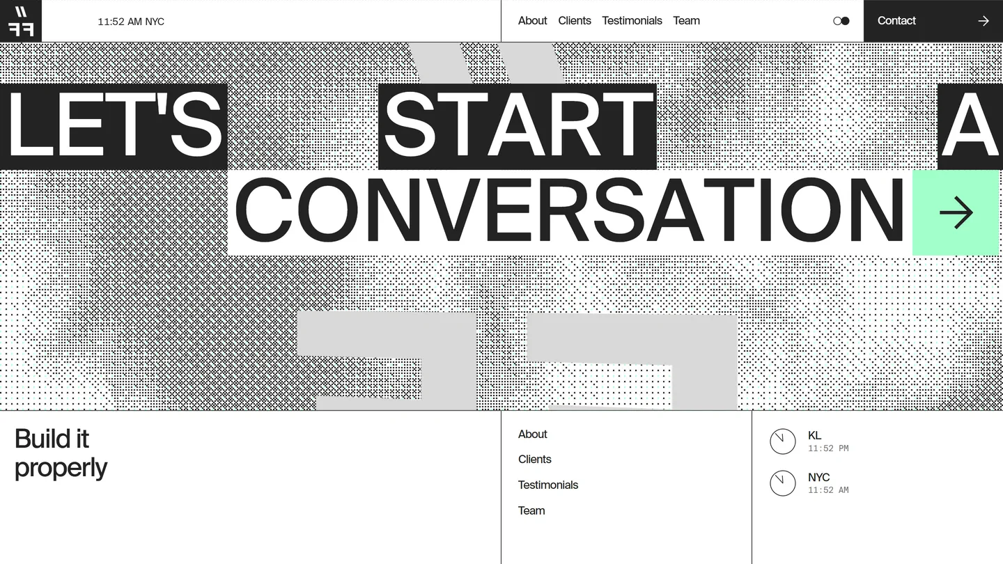 LET’S START A CONVERSATION in knocked-out type over the halftone
