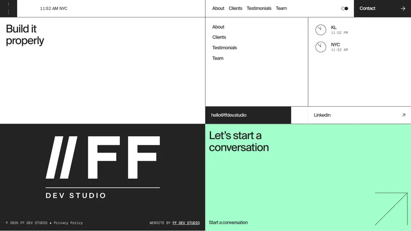The footer: the //FF Dev Studio lockup