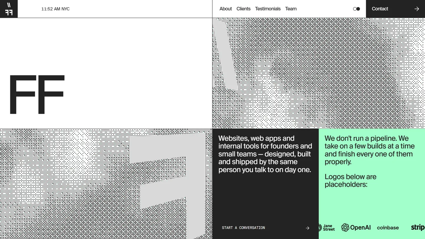 The hero: the FF mark over a halftone field, the studio line in a mint panel