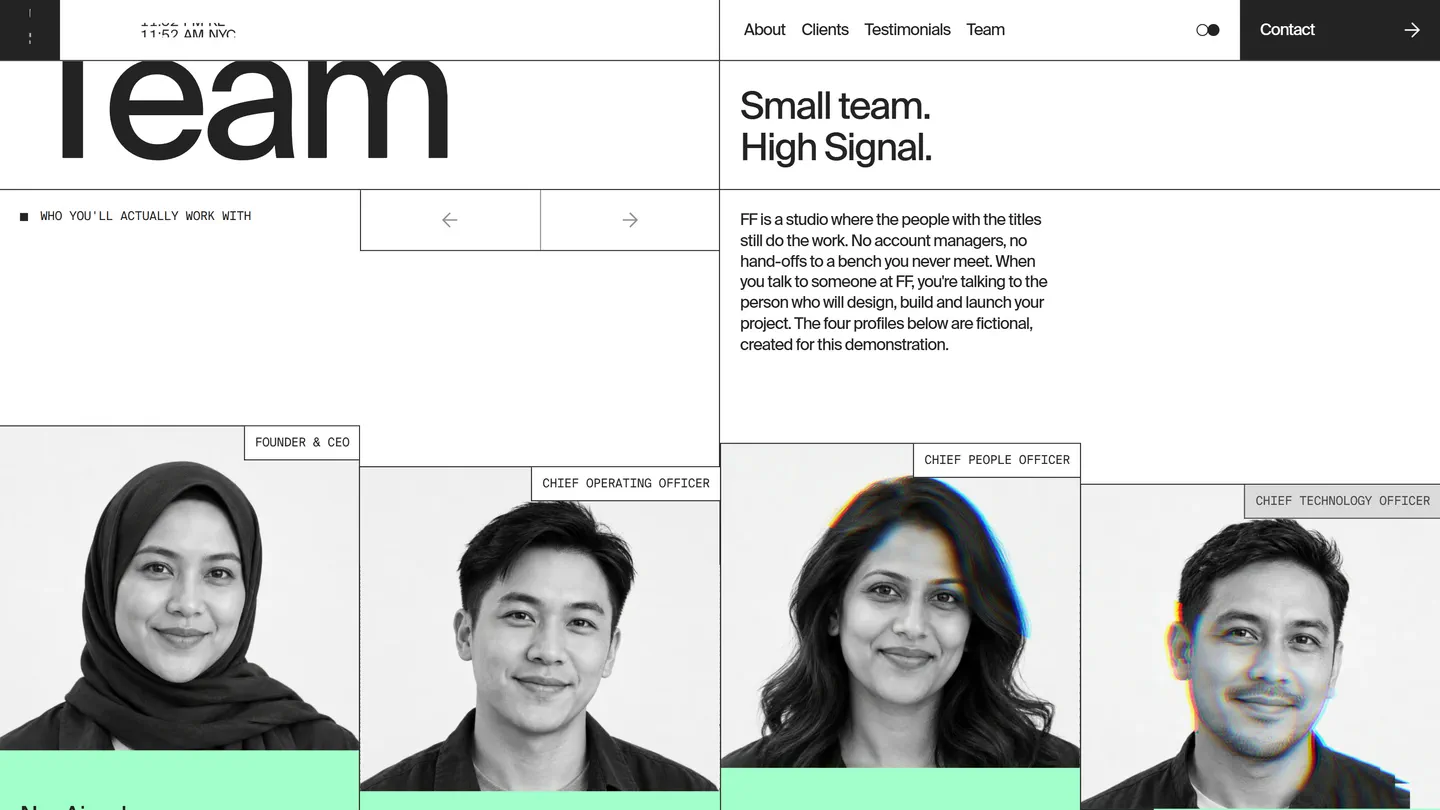 The team: black-and-white portraits under role tags