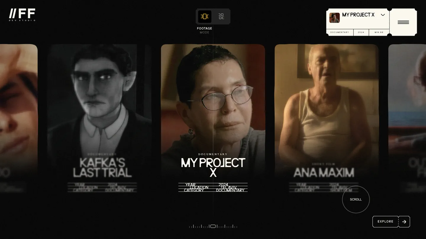 Work: the films on a horizontal WebGL slider, the centre one sharp and the sides blurred