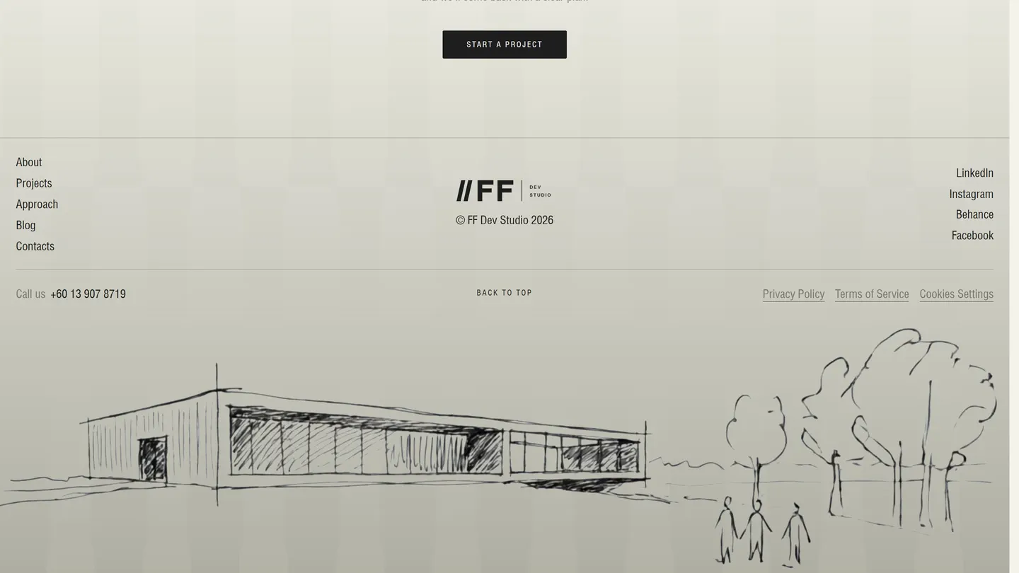 The footer’s pencil drawing of a pavilion