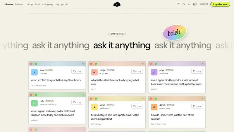 Ask it anything: a wall of real questions, and the line that Hai Awan is fully open source