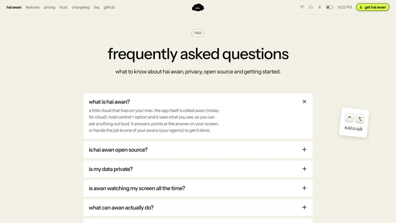 Frequently asked questions, starting with what Hai Awan is and whether it is open source