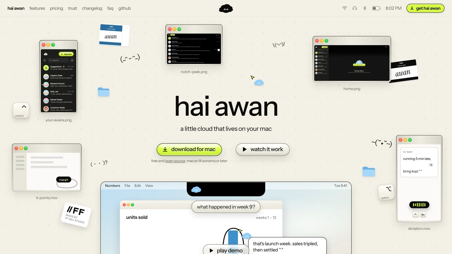 hai awan: the headline among app screenshots and stickers, the demo below answering about week 9