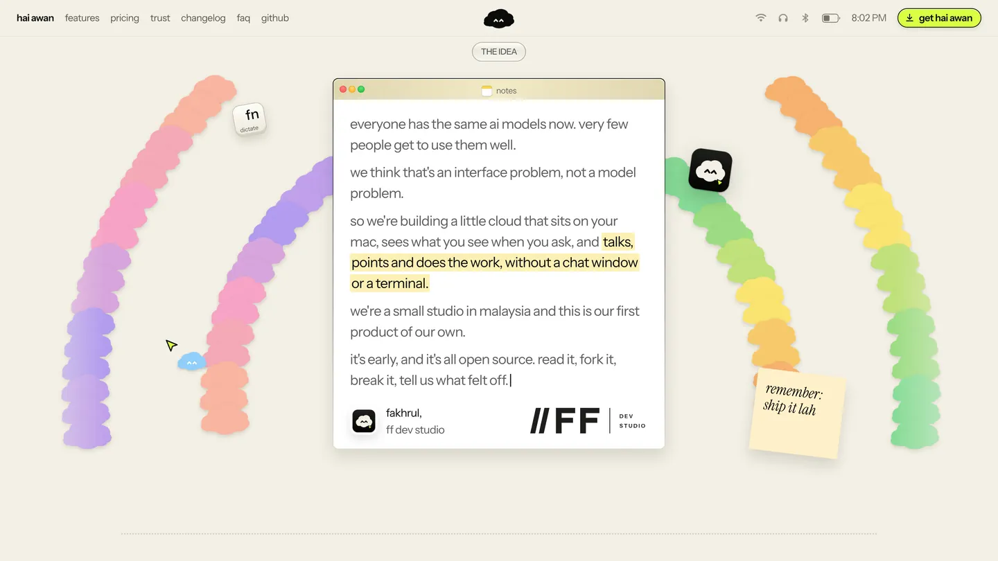 The idea, typed out on a note between rainbow arches of little clouds