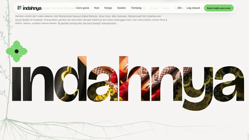 The footer: the indahnya wordmark filled with majlis photos, the vine’s roots under it