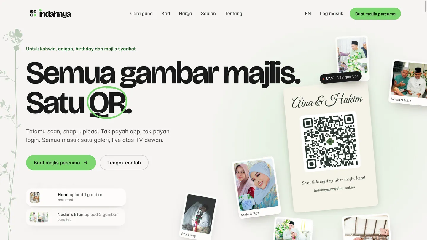 Semua gambar majlis. Satu QR. — the table card with its QR among floating polaroids, guests’ uploads arriving below