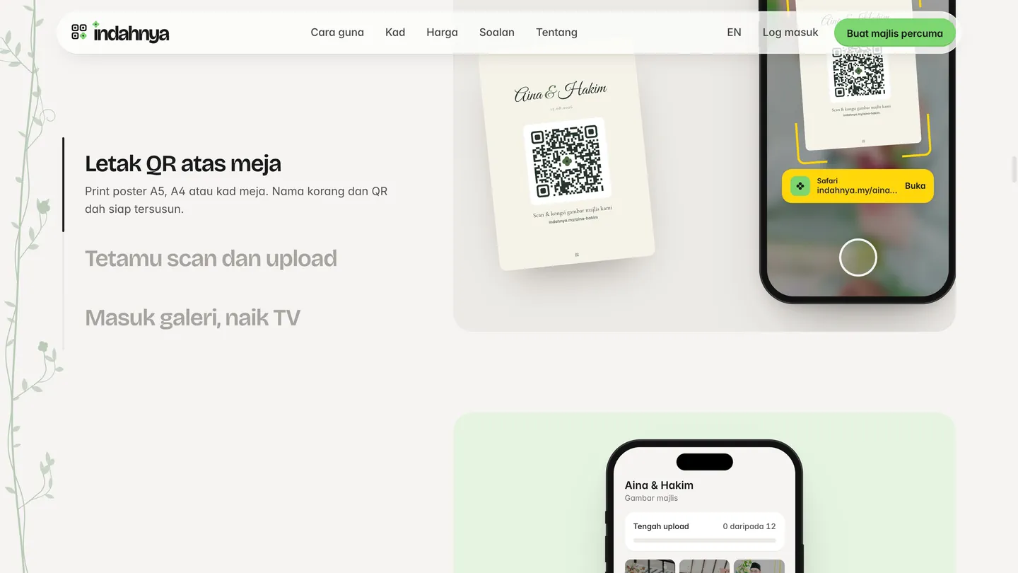 Tiga langkah: a guest scans the table card and uploads from the phone