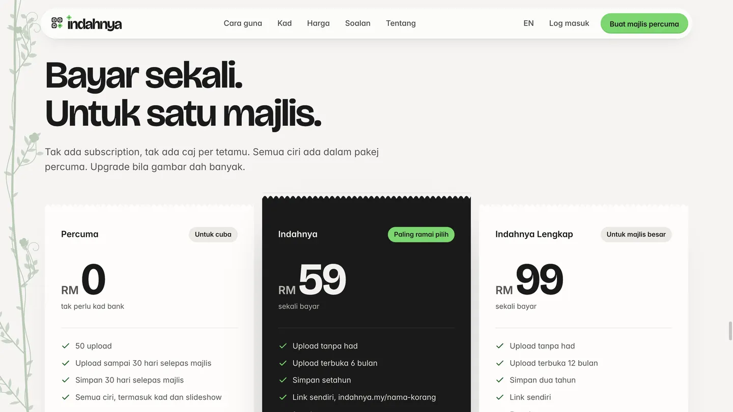 Bayar sekali. Untuk satu majlis. — Percuma, RM59 and RM99, one time