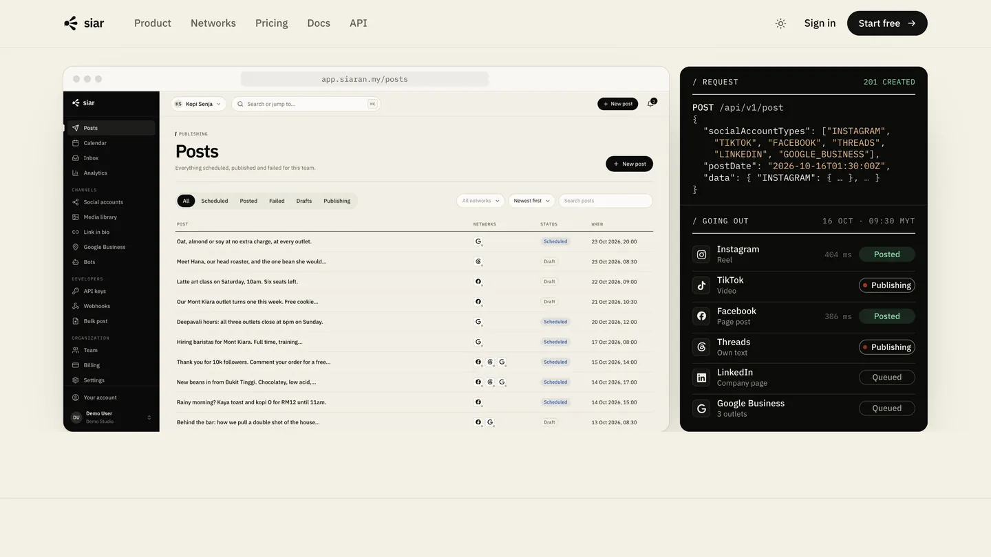 The dashboard’s Posts list beside the request that made them: one POST, and each network’s delivery going out