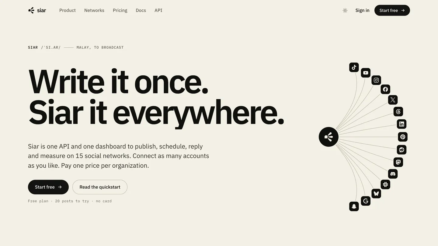Write it once. Siar it everywhere. — the Siar mark fanning out to fifteen network marks