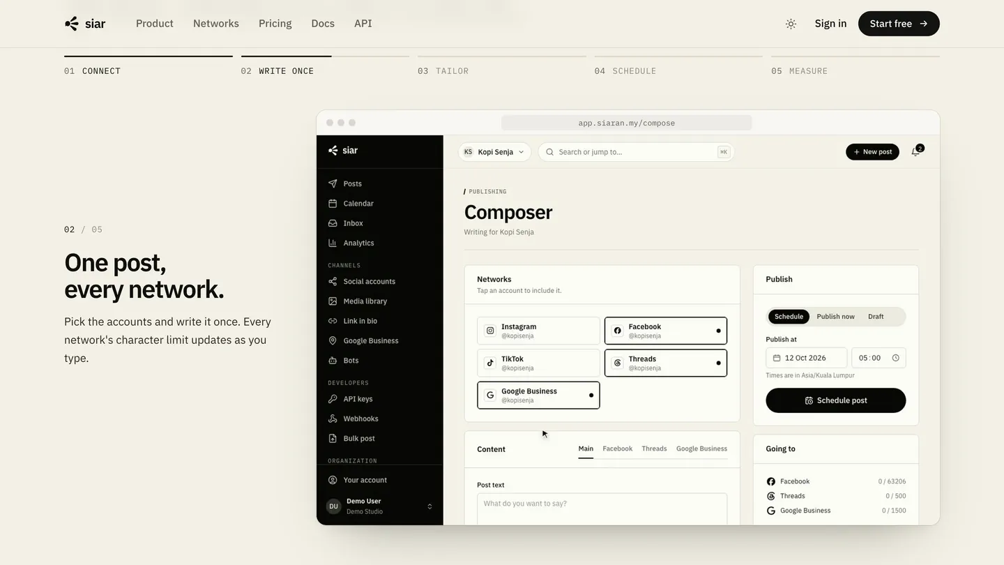 The product tour: the composer, in a real recording of the dashboard, one post written once for every network