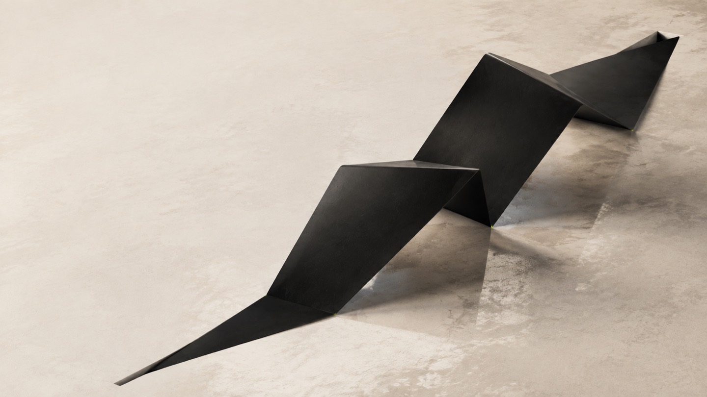 One continuous matte-black sheet emerging from a slit in a pale bone floor, twisting through three faceted folds before returning into a second slit.