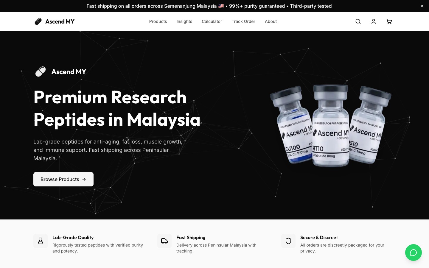 Ascend Peptides, desktop, the top of the page.