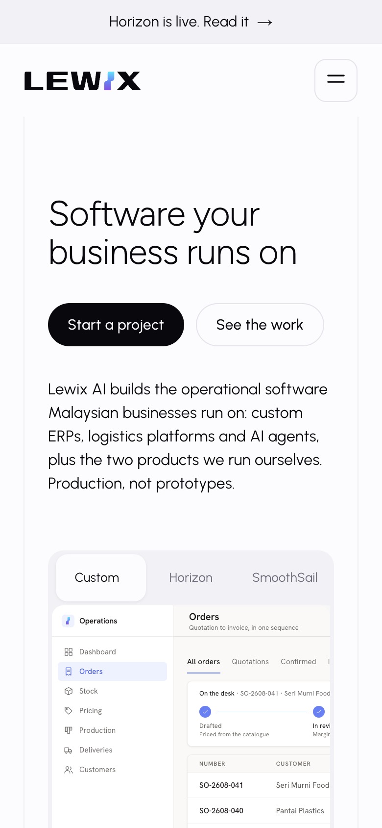 The Lewix company website on a 390px phone, the top of the page.