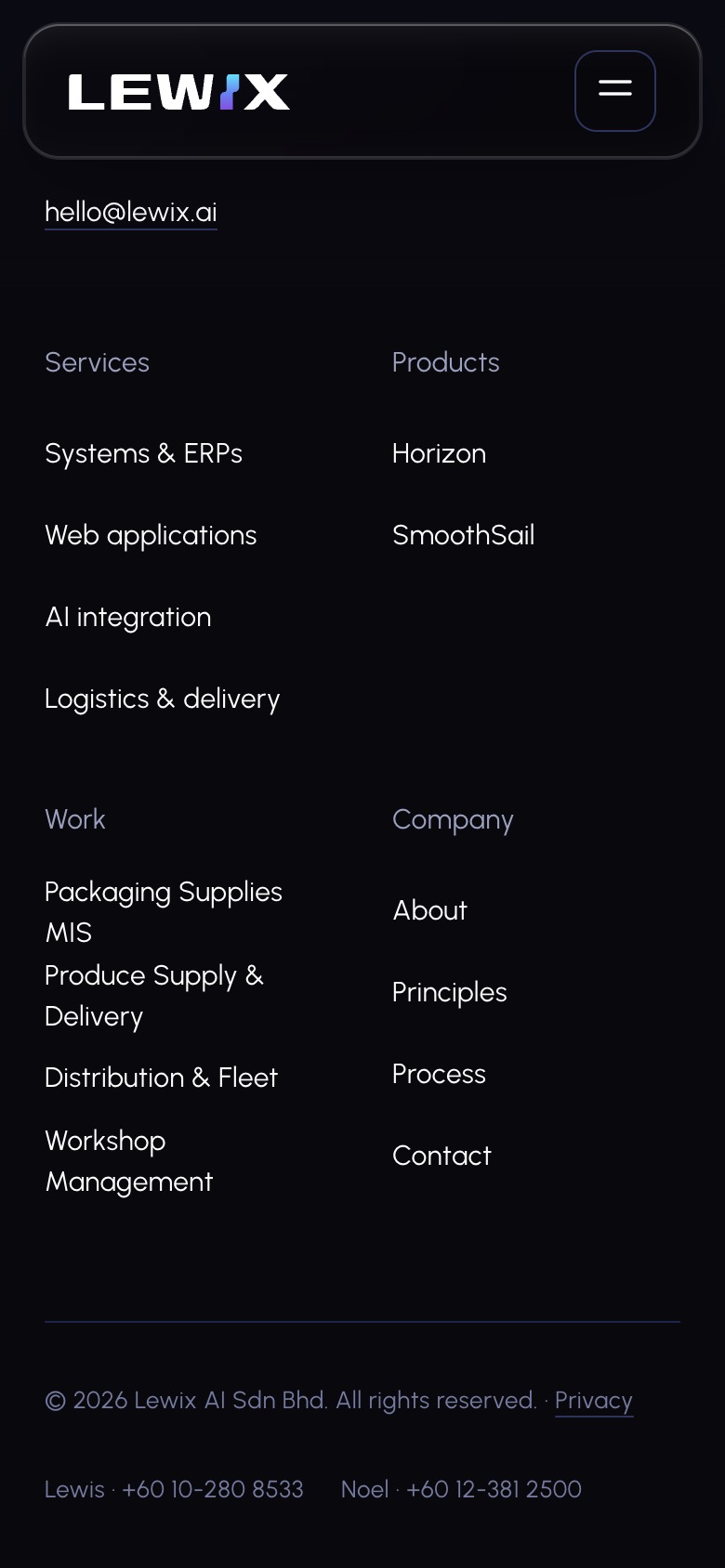 The Lewix company website on a 390px phone, section 3.